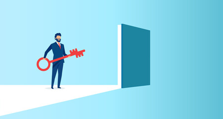Vector of a business man holding a key to a door to success
