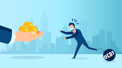 Vector of a business man with wearing face mask chained to a debt dumbbell running to get relief money from helping hand