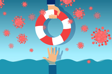 Vector of a business man being rescued with life buoy during coronavirus economic crisis