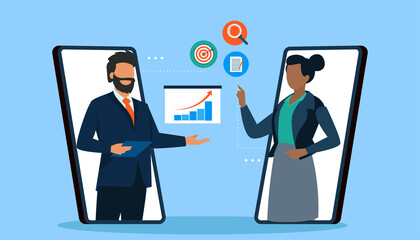 Vector of a business man and businesswoman chatting online discussing investment opportunities