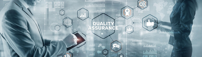 QA Businessman pressing Quality assurance button on virtual screens.