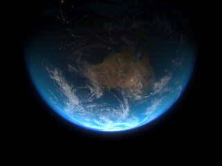 Earth view from space from the side of Australia, asia and pacific detailed relief with clouds and atmosphere (3d illustration). Elements of this image furnished by NASA