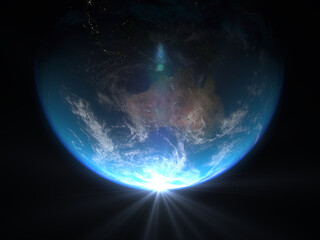 Fototapeta na wymiar Earth view with glow of sunrise from space from the side of Australia, asia and pacific detailed relief with clouds and atmosphere (3d illustration). Elements of this image furnished by NASA