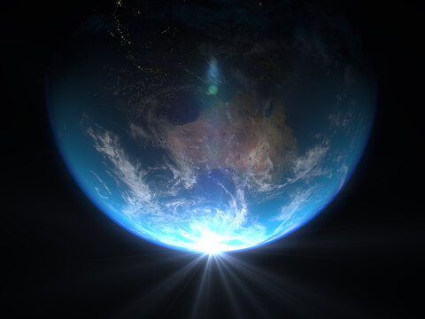 Earth view with glow of sunrise from space from the side of Australia, asia and pacific detailed relief with clouds and atmosphere (3d illustration). Elements of this image furnished by NASA
