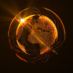 Orange Earth planet hologram with extra glowing double rings and glow digital globe world made of a number of dots