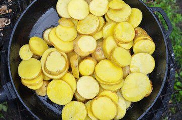 Vegan cuisine. Top view of da sliced potatoes in a pan ready for frying. Fast food concept. Ready to cook background, texture.