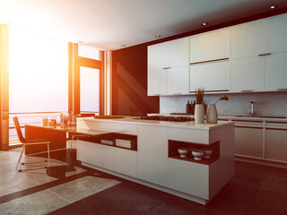 Modern luxury design kitchen interior with sunset. 3d Rendering