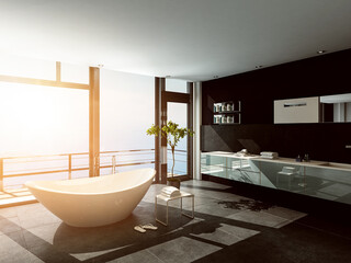Modern bathroom interior room with freestanding bathtub and a sunset. 3d Rendering