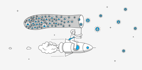 Businessman flying on the rocket catching up new members for his online service. Online startup company infographics. Modern illustration in linear style. - 402229055