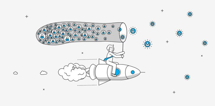 Businessman flying on the rocket catching up new members for his online service. Online startup company infographics. Modern illustration in linear style.
