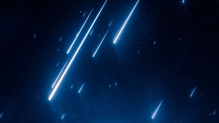 Night starry sky. Meteor shower, abstract space background. Falling bright stars, speed of light, comets, beautiful galaxy, neon glowing rays. 3d rendering