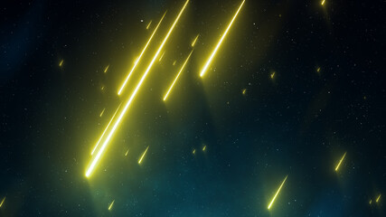 Night starry sky. Meteor shower, abstract space background. Falling bright stars, speed of light, comets, beautiful galaxy, neon glowing rays. 3d rendering