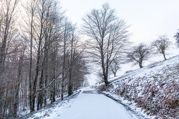 Path up to Mount Aizkorri in Gipuzkoa. Snowy landscape by winter snows. Basque Country, Spain