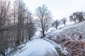 Path up to Mount Aizkorri in Gipuzkoa. Snowy landscape by winter snows. Basque Country, Spain