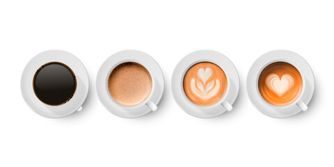 Obraz na płótnie Canvas Vector 3d Realistic Ceramic Porclean White Coffee Mug, Cup, Saucer, Milk Coffee, Foam Set Isolated. Espresso, Capuccino, Latte. Flower, Heart Pattern. Vector Illustration. Design Template. Top View