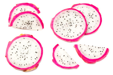Sliced Ripe Dragon fruit isolated on white background. Pitaya or Pitahaya Top view