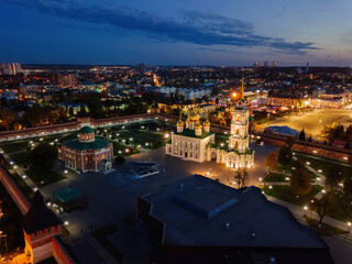 Tula Kremlin, aerial view from drone. Epiphany and Assumption Cathedrals