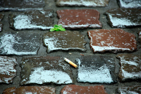 Zigarettenstummel auf regennassem Kopfsteinpflaster