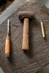 old hammer and wood tools