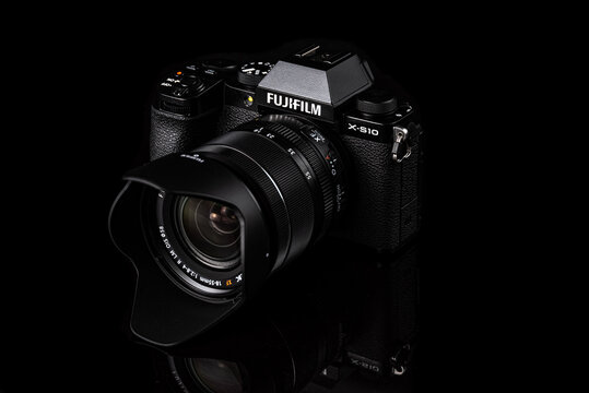 Fujifilm X-S10, a S Series mirrorless camera isolated on black background