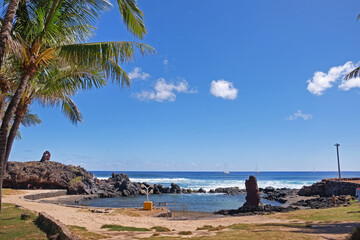 Beach and palm trees near the Hanga Roa village on Easter Island, against a blue sky covered by...