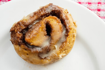 Hand made tasty cinnamon roll on a white plate. Pastry product.