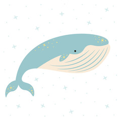Vector kids dreamy illustration of a whale with stars in tender colors. Baby animals. Baby shower. Nursery art. World whale day. 