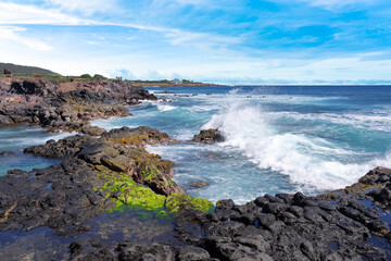 Fototapeta na wymiar Beach near the Hanga Roa village on Easter Island, against a blue sky covered by white clouds.