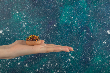 Female hand holding cookie on colorful background