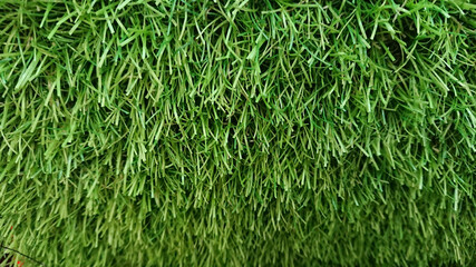Background with artificial green grass in selective focus