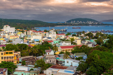 View to the sea harbor and rooftops residential houses on Phu Quoc island, Vietnam