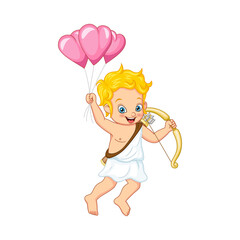 Cartoon cute cupid holding pink air balloons and bow