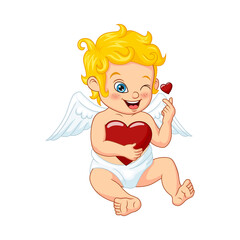 Cute little cupid hugging a heart