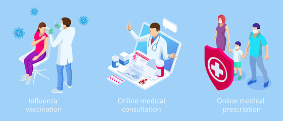 Isometric Vaccination and Immunization, Time to vaccinate, Online medical advise, medical prescription concept. Medicine industry.