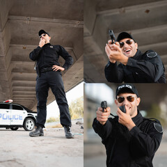 collage of policeman with hand on hip standing near patrol car, holding gun and talking on radio...