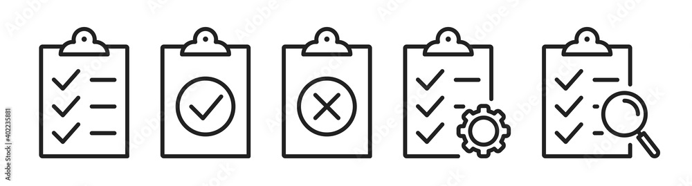 Fototapete checklist on the clipboard line icon set with compliance tick check sign on it. clip board outline v
