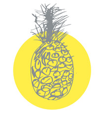 Freehand drawn stylized pineapple fruits on lemon color rounded form isolated on white background. Perfect for design and print of banners, posters, pages, print on clothes, cards, t-shirts.