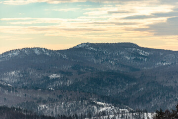 Mountains and forests in the Urals. Endless expanses of winter mountains.