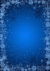 Snow background. Blue and white Christmas snowfall with defocused flakes. Winter concept with falling snow. Holiday texture and white snowflakes