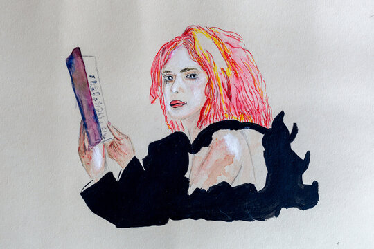 portrait of a woman reading a book on a white background in watercolor