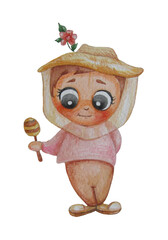 Cute boy beekeeper in a protective hat against bee stings and with honey in his hands. Childrens illustration. Watercolor. Hand drawing on a white background. Children's design, postcards, clothes