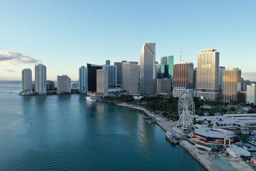 Fototapeta na wymiar Miami, Florida - December 27, 2020 - Aerial view of City of Miami and Bayfront Park on sunny autumn morning.