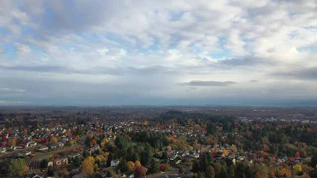 Aerial of neighborhood during fall