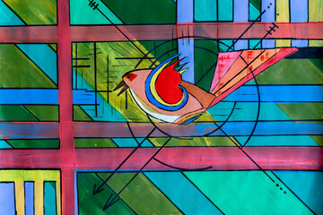 bird abstract with colors, green, red, blue, canvas, natural, desing