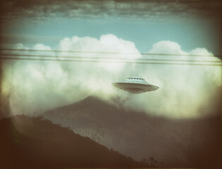 Unidentified Flying Object. Concept of old photo. 3D illustration imitating old photography of UFO. © ktsdesign