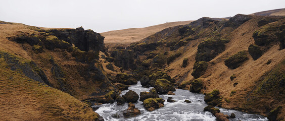 The Fimmvörðuháls trail above Skogafoss Iceland.