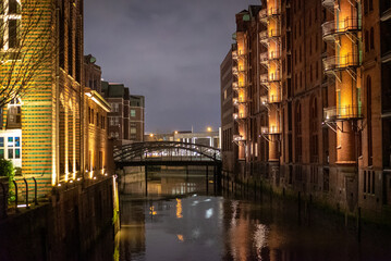 Famous Warehouse district in Hamburg Germany called Speicherstadt by night - travel photography