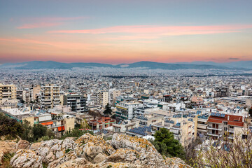 Panoramic view of the Galatsi area at sunset in Athens, Greece.