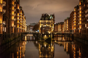 Fototapeta na wymiar Famous Warehouse district in Hamburg Germany called Speicherstadt by night - travel photography