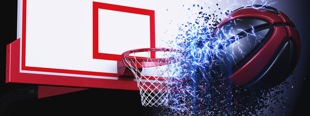 Goal of Basketball and Red-Black Basketball with red particles. Basketball consists of small circles, dots and dance of Electrical Discharge. 3D illustration. 3D high quality rendering.